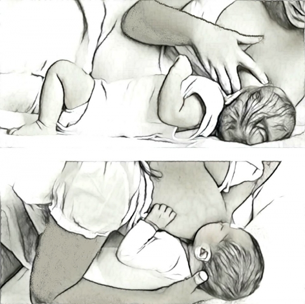 수유 시 아기의 자세위 : 아기의 몸통은 하늘을 향해 있고 아기의 머리는 엄마 쪽을 향해 있어 경추가 90도 돌아가 있는 좋지 않은 자세. 아래 : 아기의 귀, 어깨, 엉덩이가 정렬되어 있는 바른 자세.<br><br>그림 : 김나희<br>