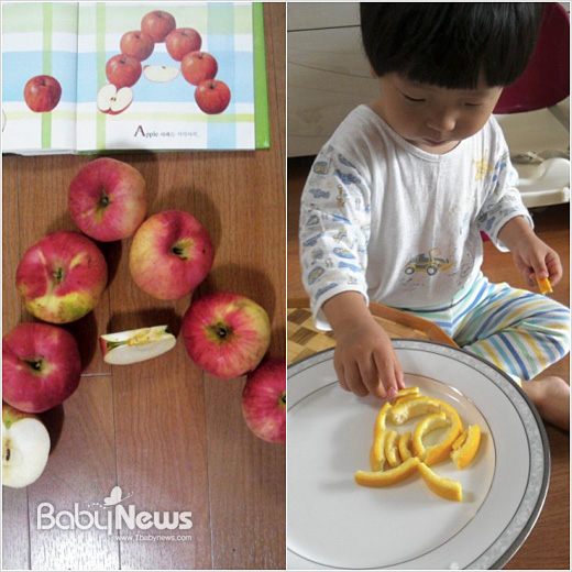 윤이가 사과로 책에 나온 알파벳 A를 만들었다(왼쪽, 35개월 당시). 윤이가 오렌지를 먹고 껍질로 사과를 만들고 있다(오른쪽, 32개월 당시).ⓒ황유순