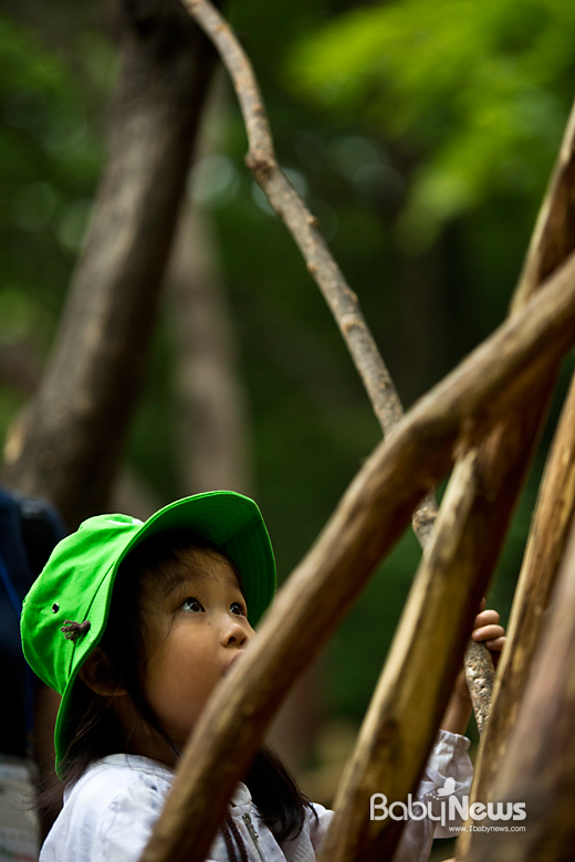 회기심 가득한 눈 서울 구로구 개봉동 개웅산공원 내 유아숲체험장에서 한 아이가 통나무를 세우다 위를 올려다보고 있다. 이기태 기자 likitae@ibabynews.com ⓒ베이비뉴스