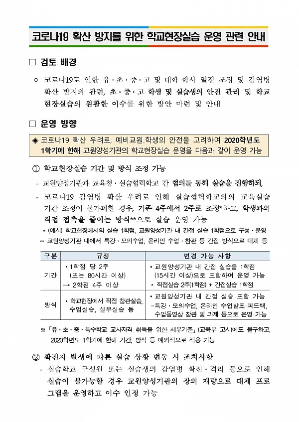 교육부는 각 대학에 '코로나19 확산 방지를 위한 학교현장실습 운영 관련 안내'를 전달했다. ⓒ교육부