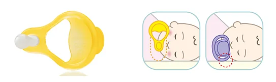 이른둥이용 노리개젖꼭지. 이 제품은 통기구가 1개인 것이 특징인데, 아기가 검사 받을 때 옆으로 누울 수 있는 경우를 감안해 만들었기 때문이다. 하지만, 현재 규정상 통기구가 1개인 이 제품은 정식으로 수입할 수 없는 상황이다. ⓒ더블하트
