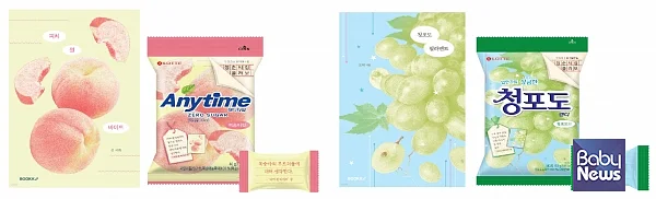 왼쪽부터 정 작가의 시집 피치 원 바이트, 애니타임 문학콜라보 복숭아 맛, 도해 작가의 시집 청포도 필라멘트, 청포도캔디 문학콜라보.?ⓒ롯데웰푸드