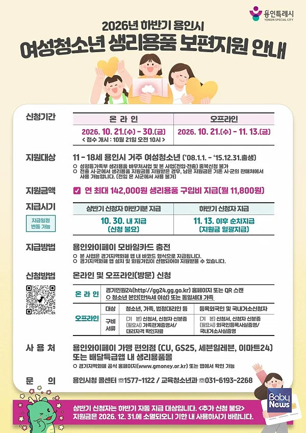 용인특례시가 여성 청소년 생리용품 구입비를 지원한다.