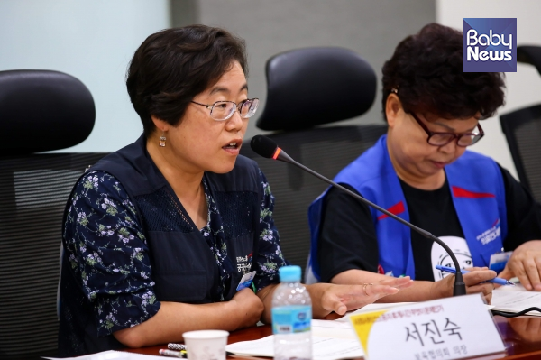 5일 ‘사회서비스노동자 휴게시간, 무엇이 문제인가’ 토론회에서 서진숙 공공운수노조 보육협의회 의장은 “보건복지부의 지침으로 교사 한 명이 아동 50명을 보는 상황도 일어난다”며 우려를 표시했다. 김재호 기자 ⓒ베이비뉴스