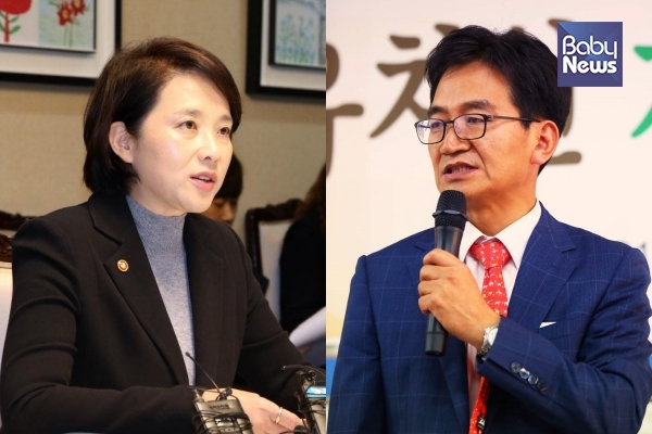 유은혜 부총리 겸 교육부장관(왼쪽)과 이덕선 한국유치원총연합회 비상대책위원장. ⓒ교육부·베이비뉴스