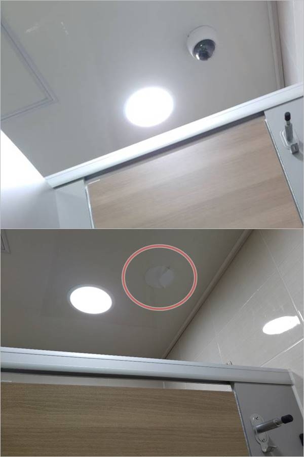 (위) A어린이집 내 화장실에 설치된 CCTV 모습과 (아래) 지난달 29일 CCTV가 철거되고 뗀 자국만 남아있는 모습. ⓒ제보