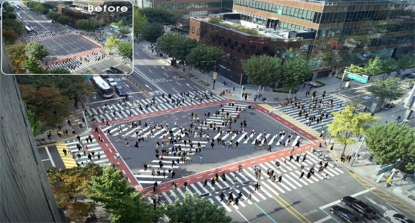서울시는 종로구청 입구, 국기원 앞 등 보행수요가 많은 지역과 향후 세종대로 사거리 등에도 보행편의를 도모할 수 있는 대각선 횡단보도를 확대할 계획이다 ⓒ서울시