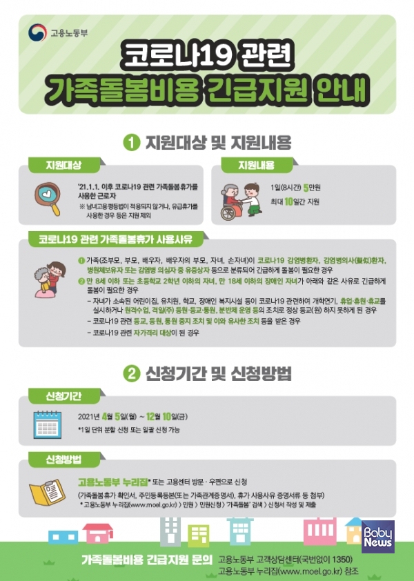 고용노동부는 최근 수도권 거리두기 격상에 따른 초등학교 원격수업과 어린이집 휴원 등으로 초등학교 2학년 이하 자녀 등을 돌보기 위해 가족돌봄 휴가를 사용한 근로자들에게 적극 지원한다. ⓒ고용노동부
