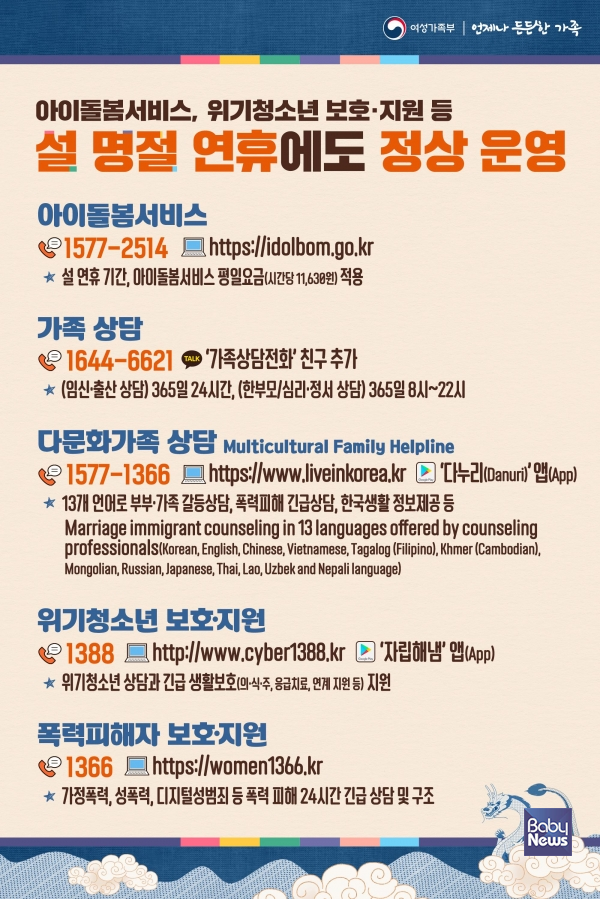 설 연휴에도 아이돌봄서비스 등 정상운영. ⓒ여성가족부
