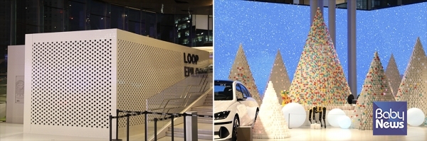 제로 웨이스트 실천 사례. 전시장 공사용 가림막으로 시공된 브릭킷(좌), 가림막을 해체하여 크리스마스 트리로 재활용한 모습(우). ⓒ테라바이트
