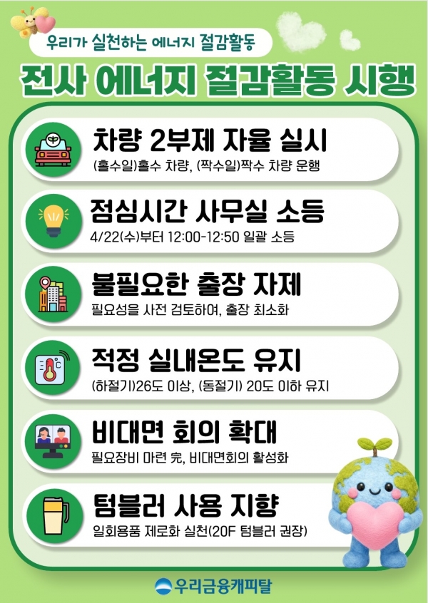 일상 업무부터 ESG... 우리금융캐피탈, 전직원 에너지 절감 실천.