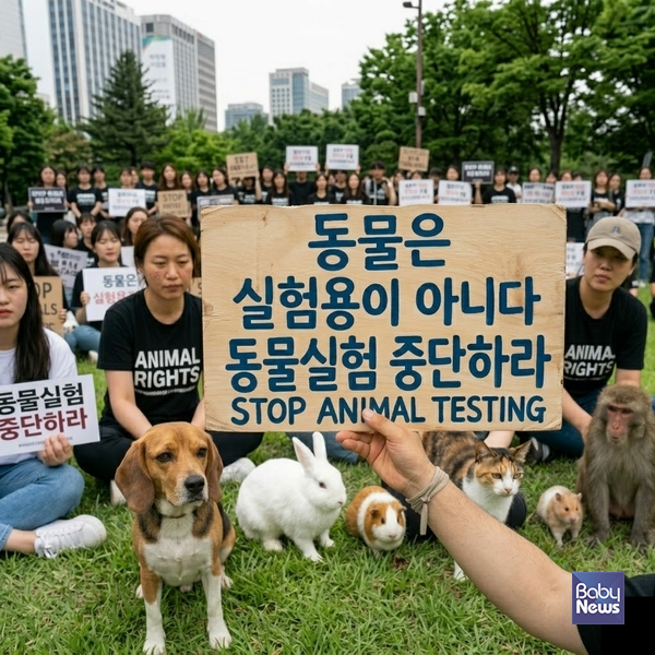 "동물은 실험용이 아니다. 동물실험 중단하라." ⓒ한국동물보호연합, 동물의목소리, 동물에게자비를, 한국채식연합, 한국비건연대