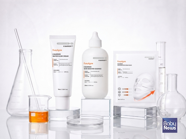 동화약품의 '후시다인 8 베리어' 스킨부스터 에센스, 워터글로우 수분크림, 스킨부스터 크림마스크 제품. ⓒ동화약품